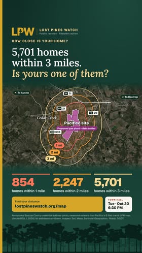 Original Facebook post graphic with a map of the proposed Pacifico site and distance rings around it.