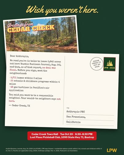 Original Facebook post graphic: a Cedar Creek postcard addressed to Anthropic with the headline Wish you weren’t here.