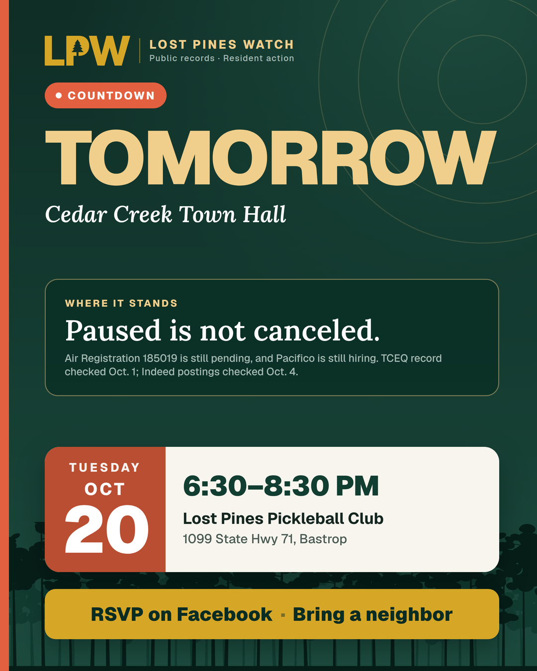 Tomorrow: Cedar Creek Town Hall. Tuesday, October 20, 6:30–8:30 p.m., Lost Pines Pickleball Club, 1099 State Hwy 71, Bastrop. RSVP on Facebook and bring a neighbor. The graphic's project-status checks are dated October 1 and October 4.